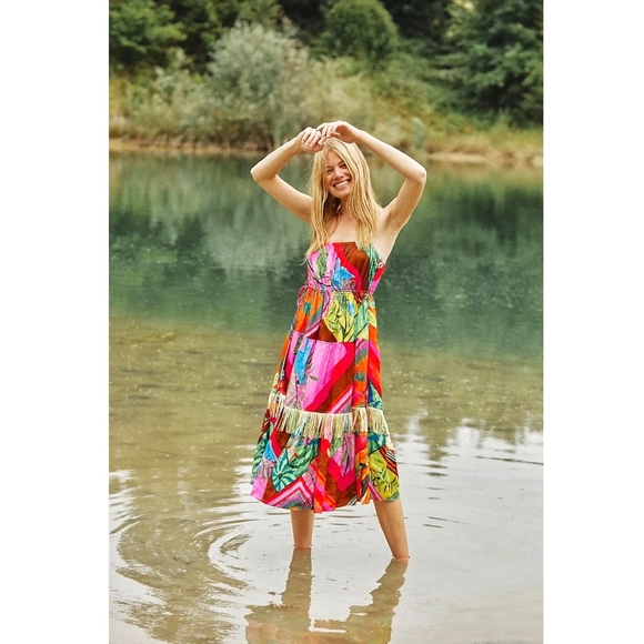 Farm Rio Anthropologie Palila Fringe Beaded Tassel Tiered Midi Dress - Picture 1 of 14